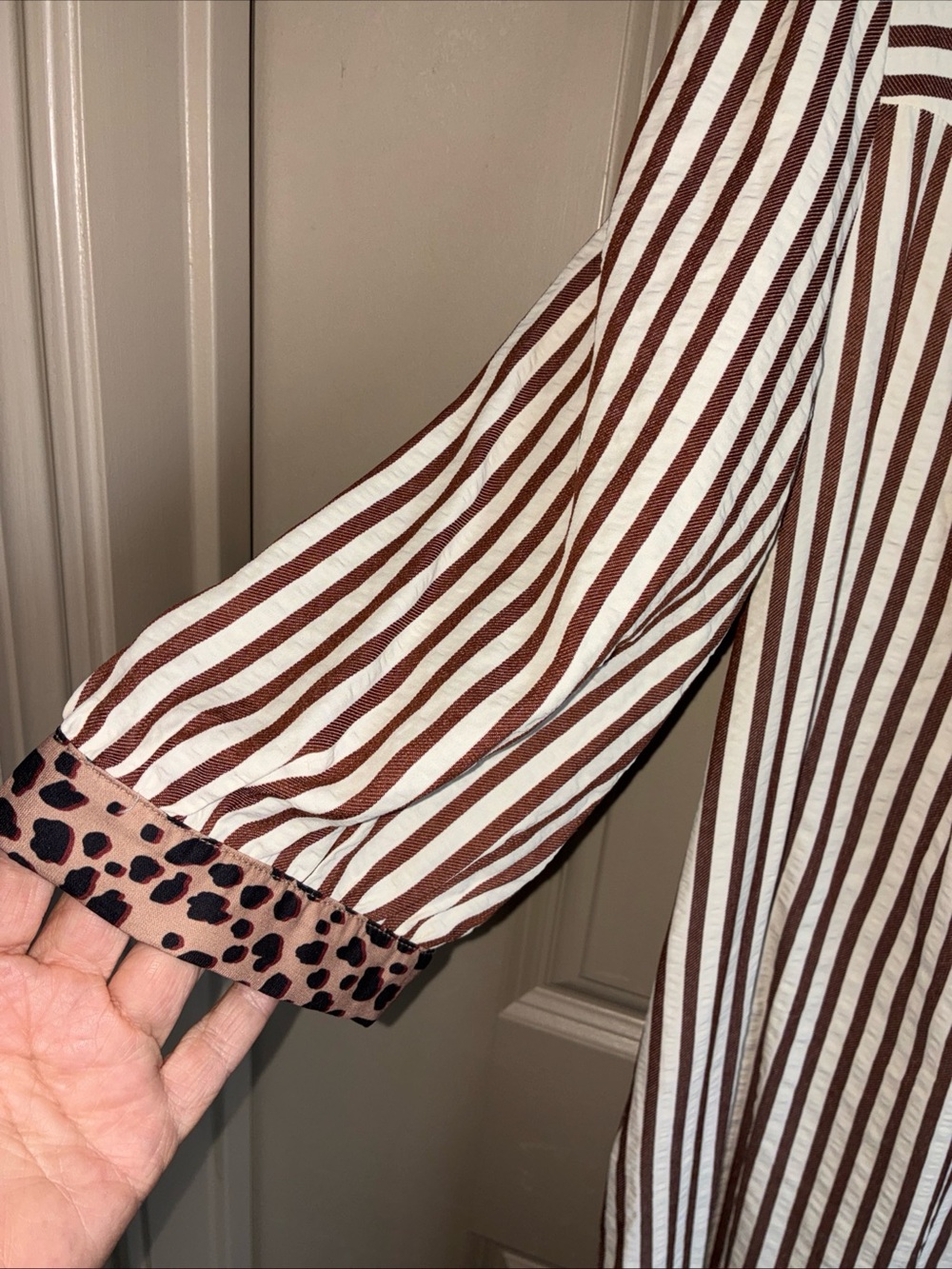 Striped Brown and White Button-Front Women’s Dress with Leopard Trim - Picture 3 of 8